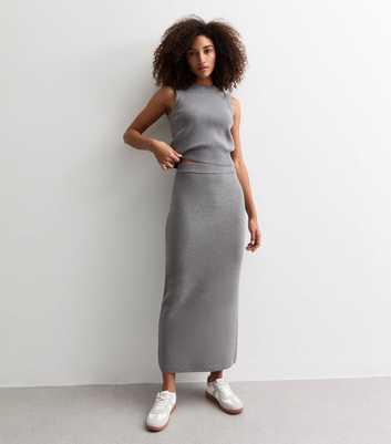 Grey Compact Knit Midi Skirt 