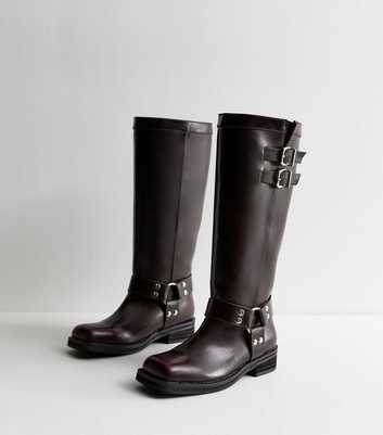 Public Desire Plum Buckled Faux Leather Knee High Boots