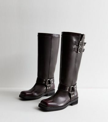 Public Desire Plum Buckled Faux Leather Knee High Boots New Look