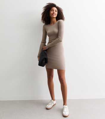 Grey Ribbed Long Sleeved Mini Dress