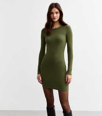 Khaki Crew Neck Ribbed Mini Dress