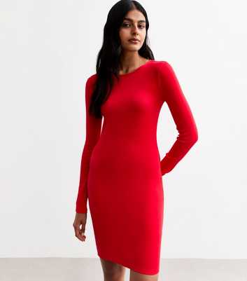 Red Ribbed Long Sleeved Mini Dress