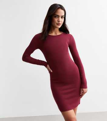 Burgundy Ribbed Long Sleeved Mini Dress