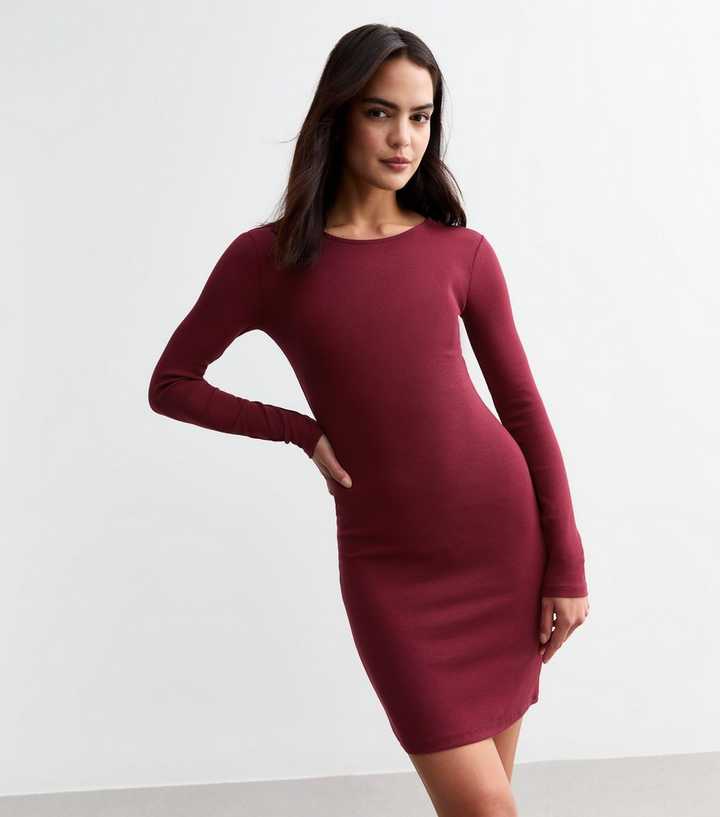 Burgundy Ribbed Long Sleeved Mini Dress | New Look