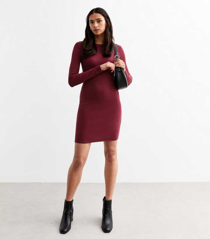Tall Burgundy Ribbed Long Sleeve Mini Dress | New Look