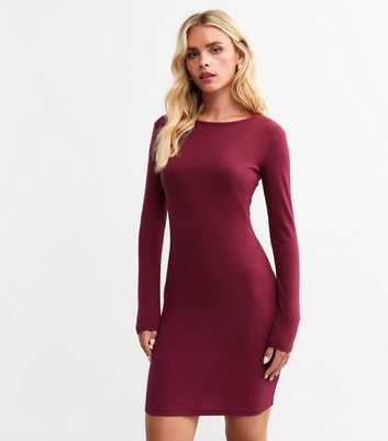 Petite Burgundy Ribbed Long Sleeved Mini Dress