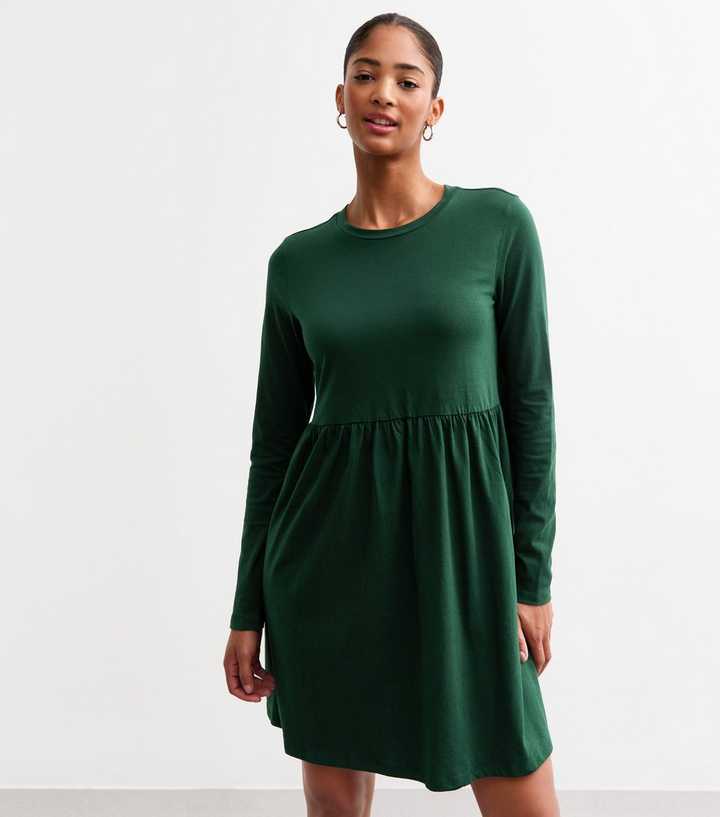 Dark Green Long Sleeve Smock Mini Dress | New Look