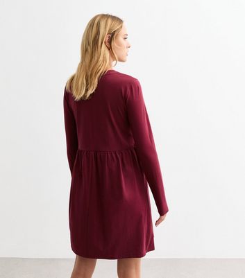 Burgundy Long Sleeve Smock Mini Dress New Look