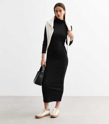 Black Ribbed Roll Neck Midi Dress