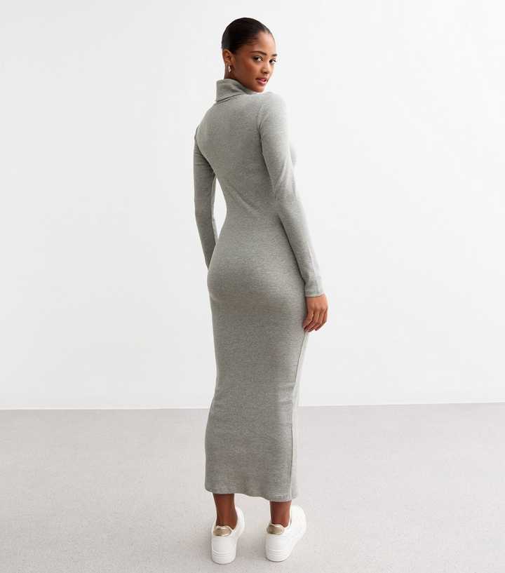 Grey Ribbed Roll Neck Midi Dress | New Look