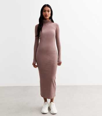 Mink Ribbed Roll Neck Midi Dress