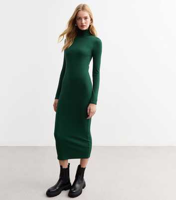 Dark Green Ribbed Roll Neck Midi Dress