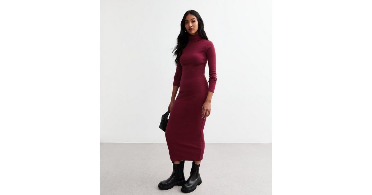Noirelle Ribbed Midi Dress - Burgundy Red