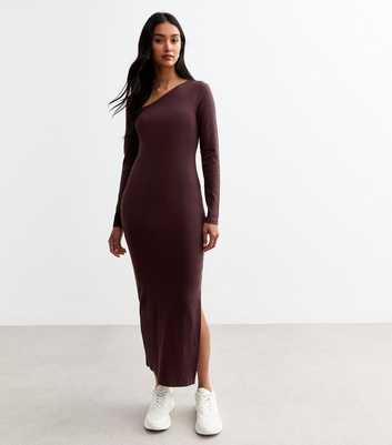 Dark Brown Asymmetric Neck Bodycon Long Sleeve Dress