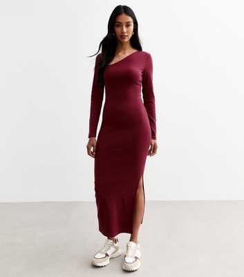 Burgundy Asymmetric Neck Bodycon Long Sleeve Dress