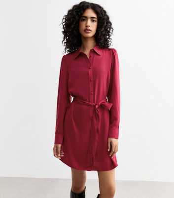  Burgundy Belted Shirt Mini Dress