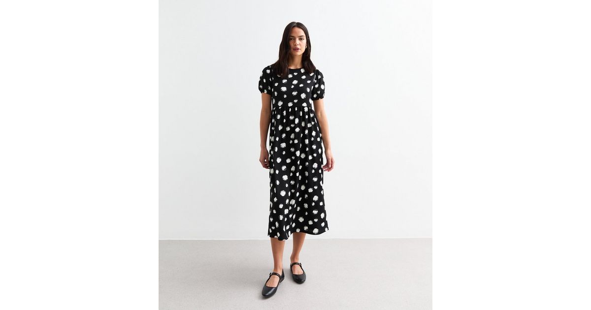 Off-Shoulder Ruffled Polka Dot Midi Dress - Black