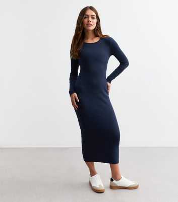 Petite Navy Scoop Neck Ribbed Jersey Midi Dress