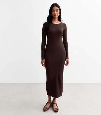 Brown Crew Neck Bodycon Midi Dress