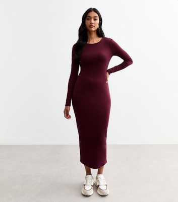 Burgundy Crew Neck Bodycon Midi Dress