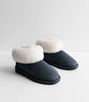 Navy Suedette Faux Fur Trim Slipper Boots