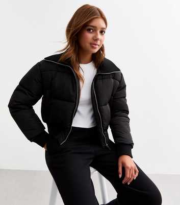 Girls Black Funnel Neck Puffer Jacket