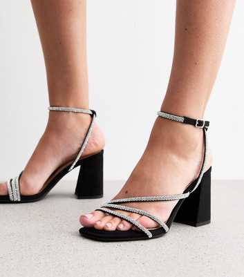 Black Diamante Multi Strap Block Heel Sandals