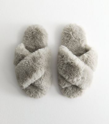 Grey Crossover Faux Fur Mule Slippers New Look