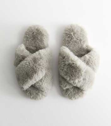 Grey Crossover Faux Fur Mule Slippers