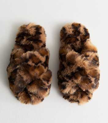 Crossover Brown Leopard Print Faux Fur Mule Slippers