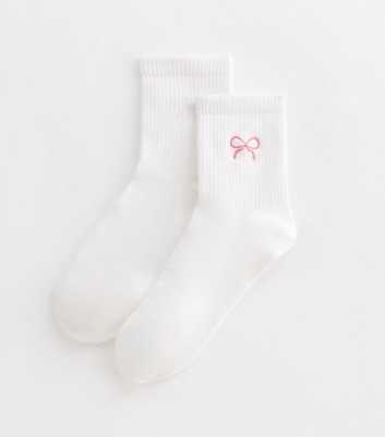 White Embroidered-Bow Tube Socks 