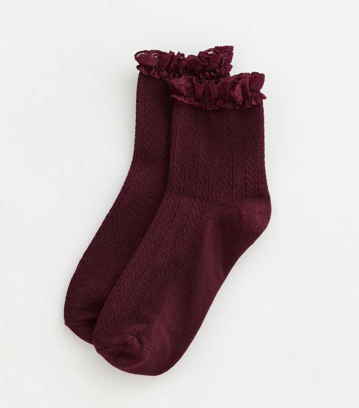 Burgundy Lace Trim Cable Frill Socks