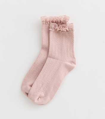 Pink Lace Trim Cable Frill Socks