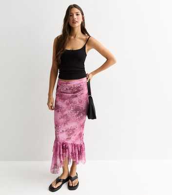 Pink Abstract Print Ruffle Trim Mesh Midi Skirt 