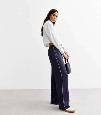 Navy Side Stripe Satin Wide Leg Trousers