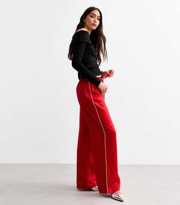 Red Side Stripe Satin Wide Leg Trousers