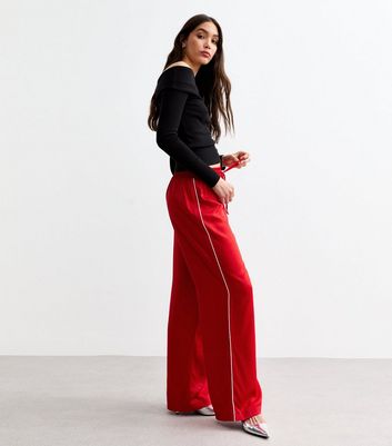 Red Side Stripe Satin Wide Leg Trousers New Look