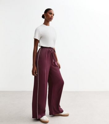 Burgundy Side Stripe Satin Wide Leg Trousers New Look