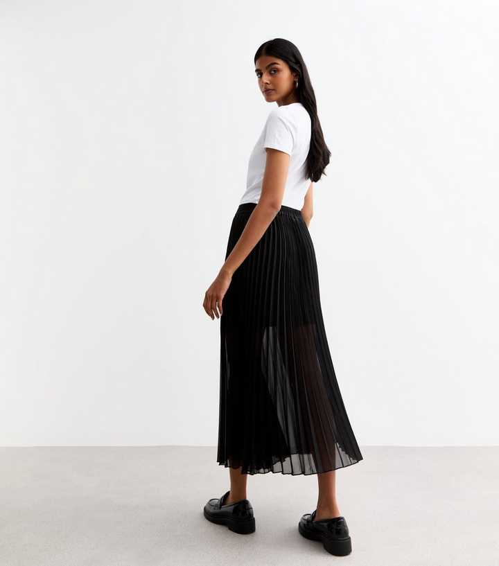 Black Pleated Chiffon Midi Skirt New Look
