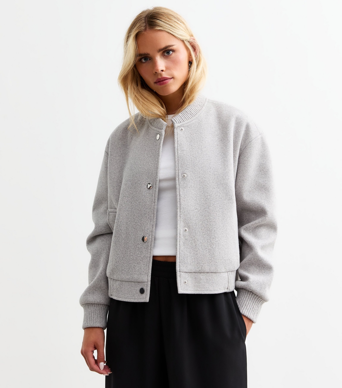 Women's Petite Grey Brushed Crop Bomber Jacket New Look