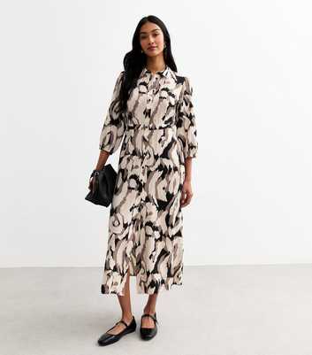 Brown Abstract Print Midi Shirt Dress