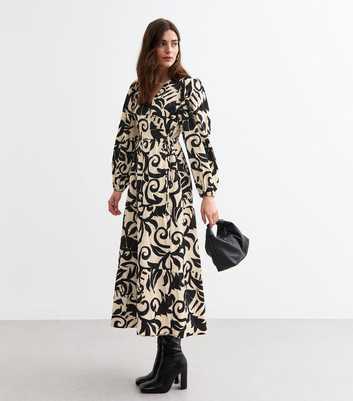 Black Fern Print Crinkled Midi Wrap Dress