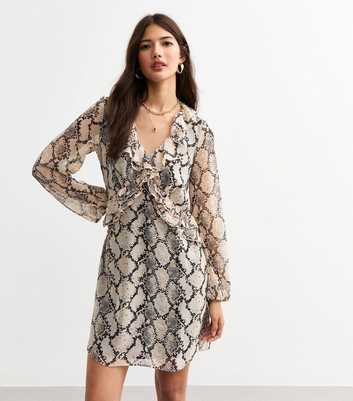 Brown Snake Print Ruffle Long Sleeve Mini Dress