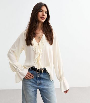 Off White Ruffle Trim Crepe Blouse New Look