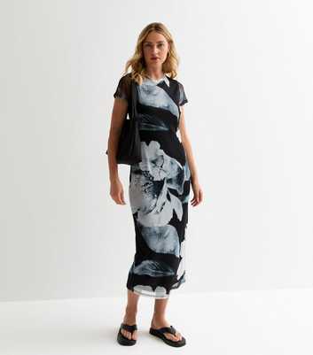 Black Floral-Print Mesh Midi Dress