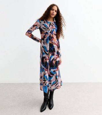 Multicoloured Ruched Long Sleeve Mesh Midi Dress New Look