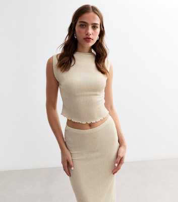 Cream Funnel Neck Sleeveless Textured Top 