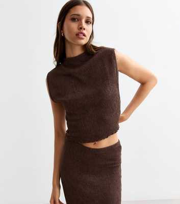 Brown Funnel Neck Sleeveless Textured Top 