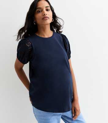 Maternity Navy Embroidered-Sleeve Cotton T-Shirt