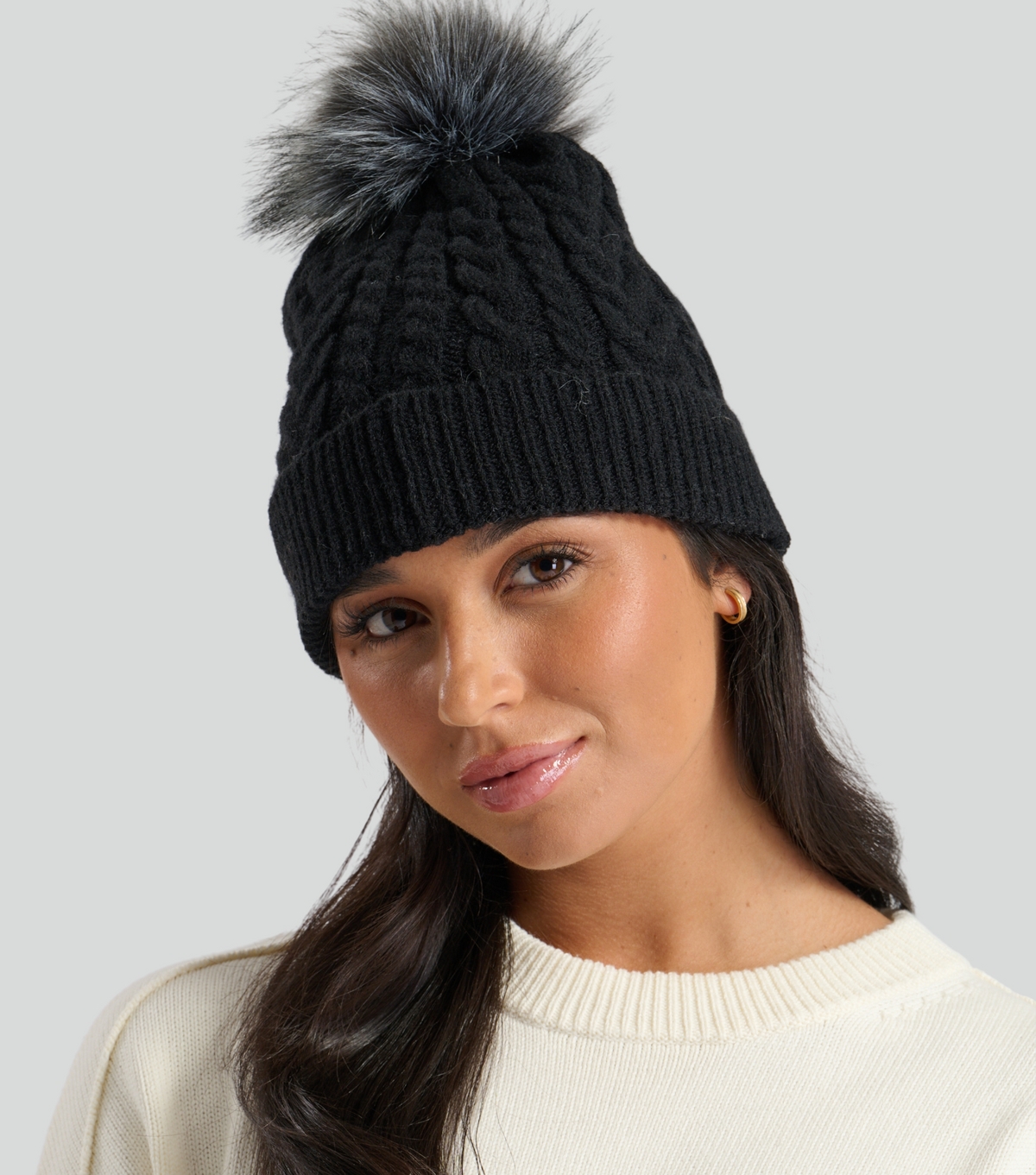 Black Cable Knit Pom Pom Beanie Hat South Beach New Look